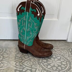 Nocona Turquoise and Brown Square Toe Cowboy Boots